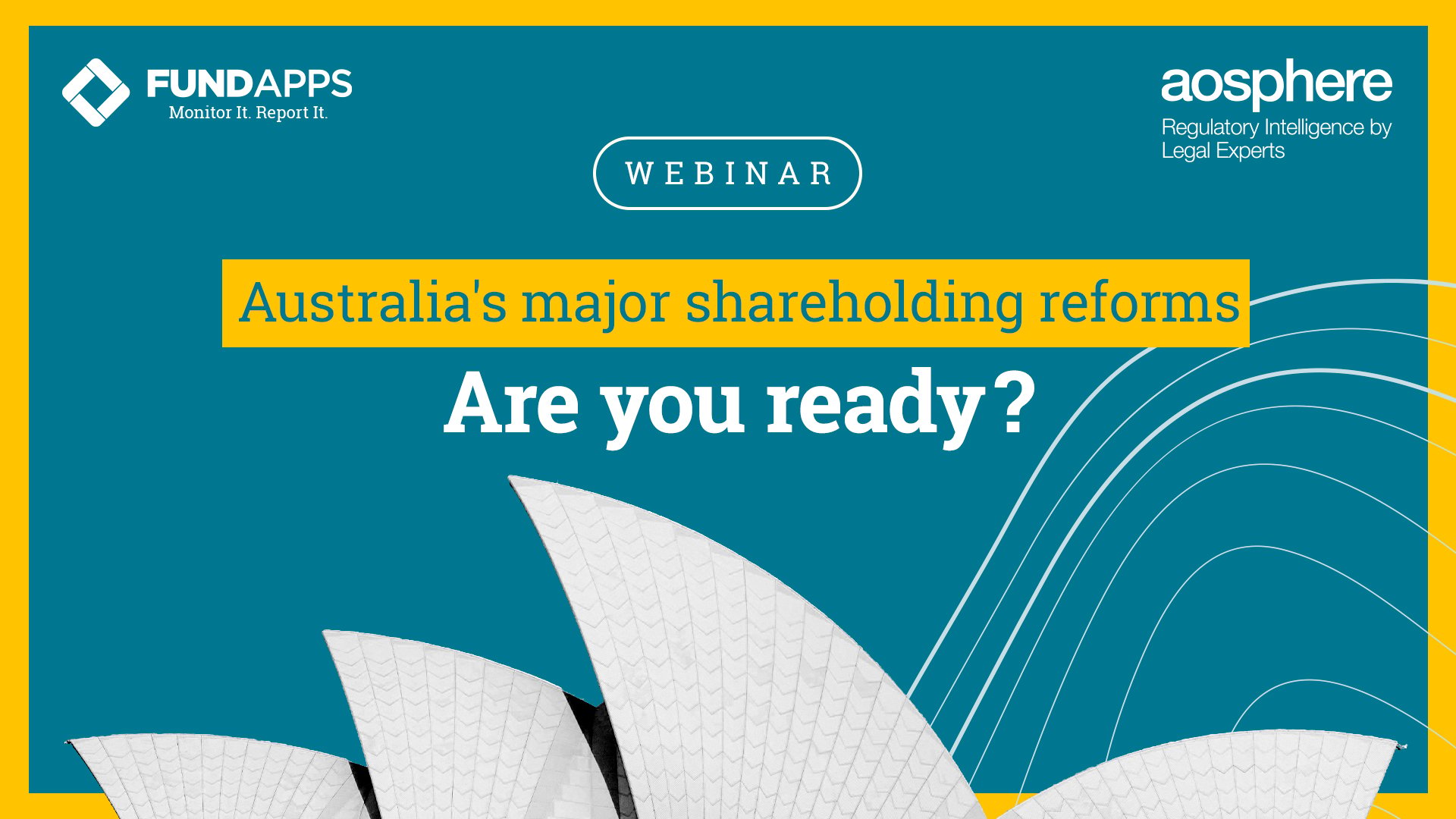 FundApps and aosphere webinar banner featuring title text and a Sydney Opera House illustration on a blue background