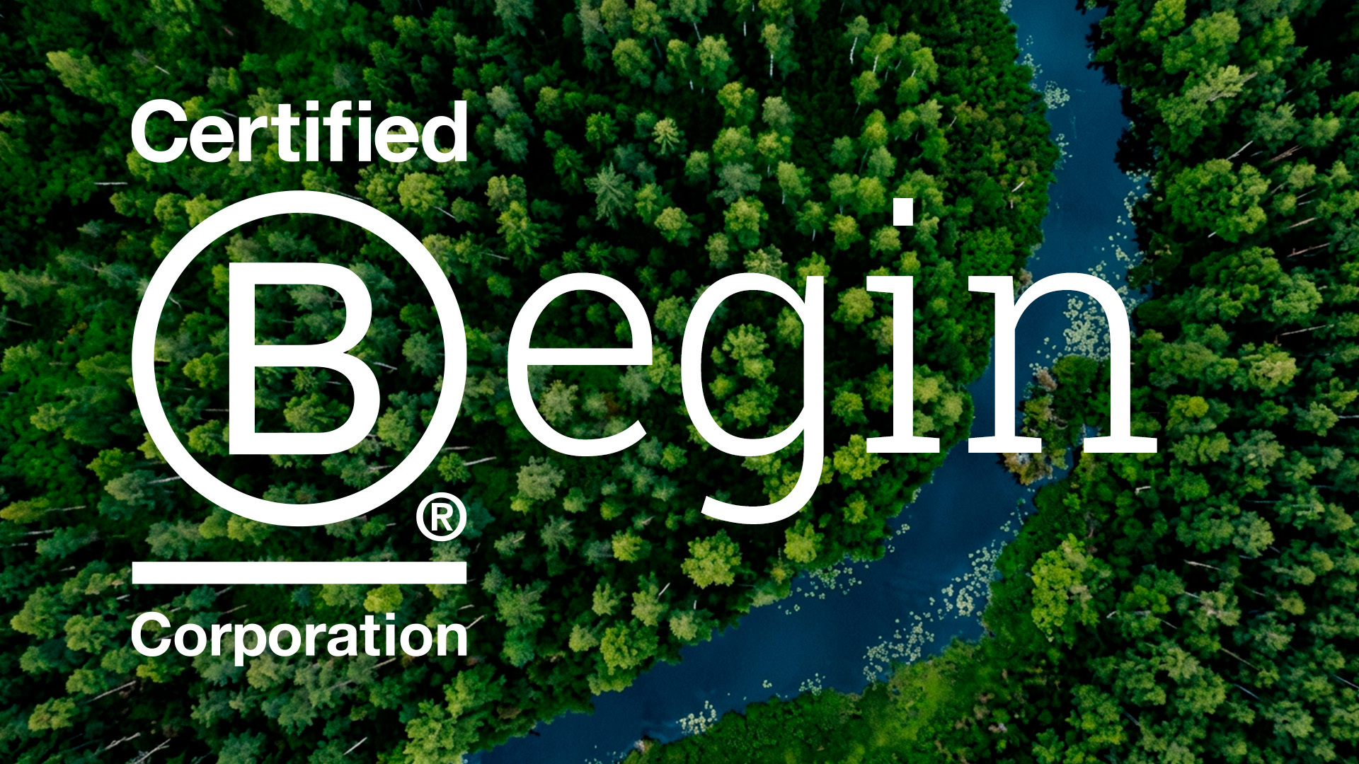 Rainforest behind white B Corp logo next to the word Begin