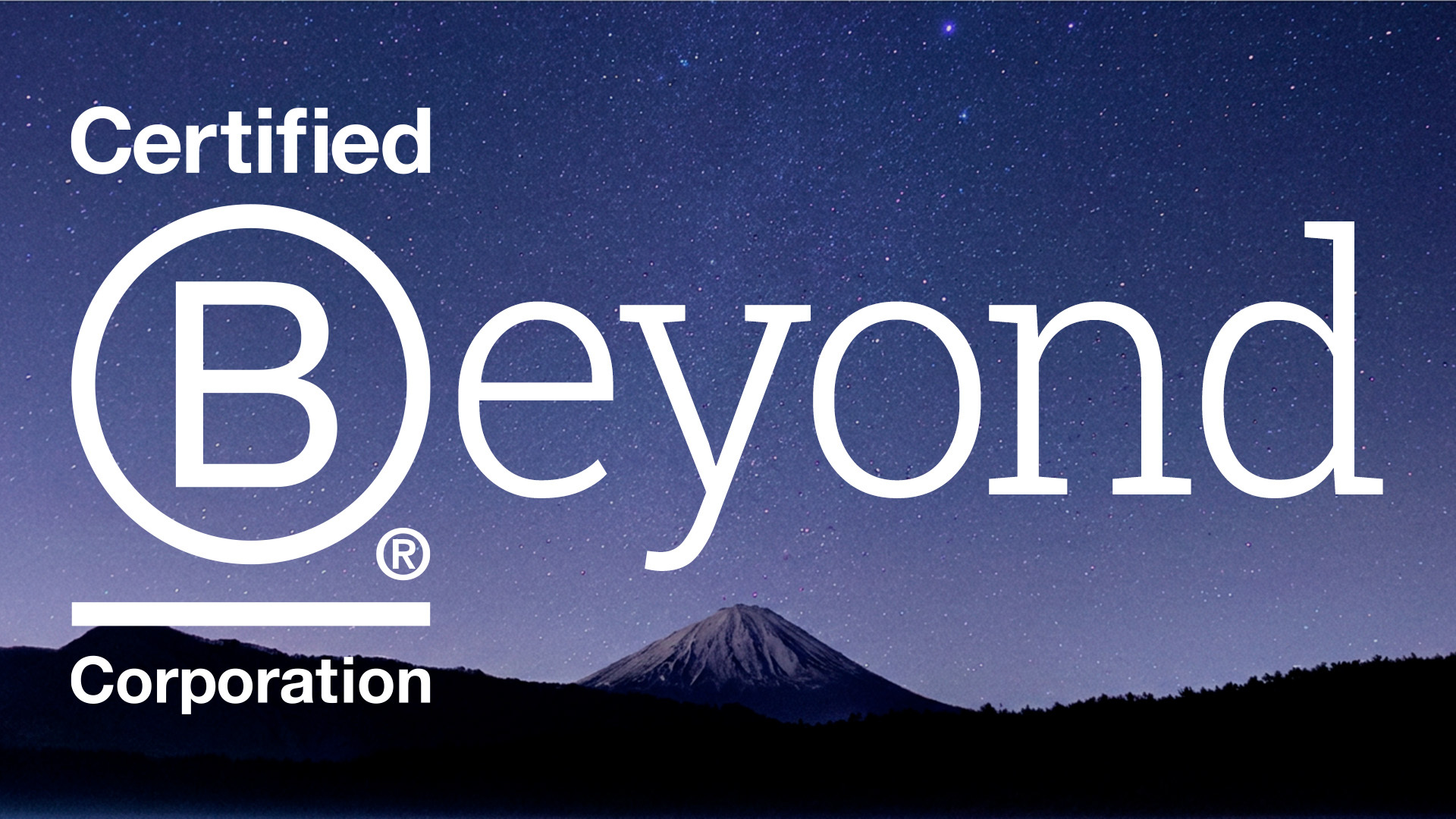 Starry night behind white B Corp logo next to the word Beyond