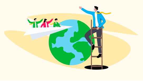 Cartoon of three people in pink and green riding a paper airplane, alongside a man in blue on a ladder leaning against the Earth.