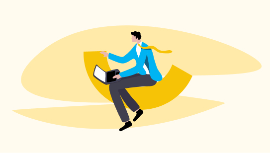Cartoon of a man sitting on C-shaped chair working on his laptop