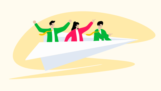 Cartoon of 3 people in pink and green riding a paper airplane