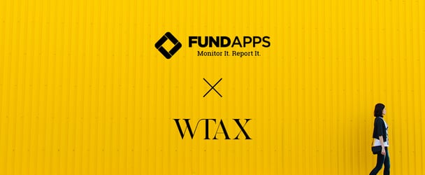 FundApps and WTax announce partnership. FundApps and WTax black logos on a yellow background