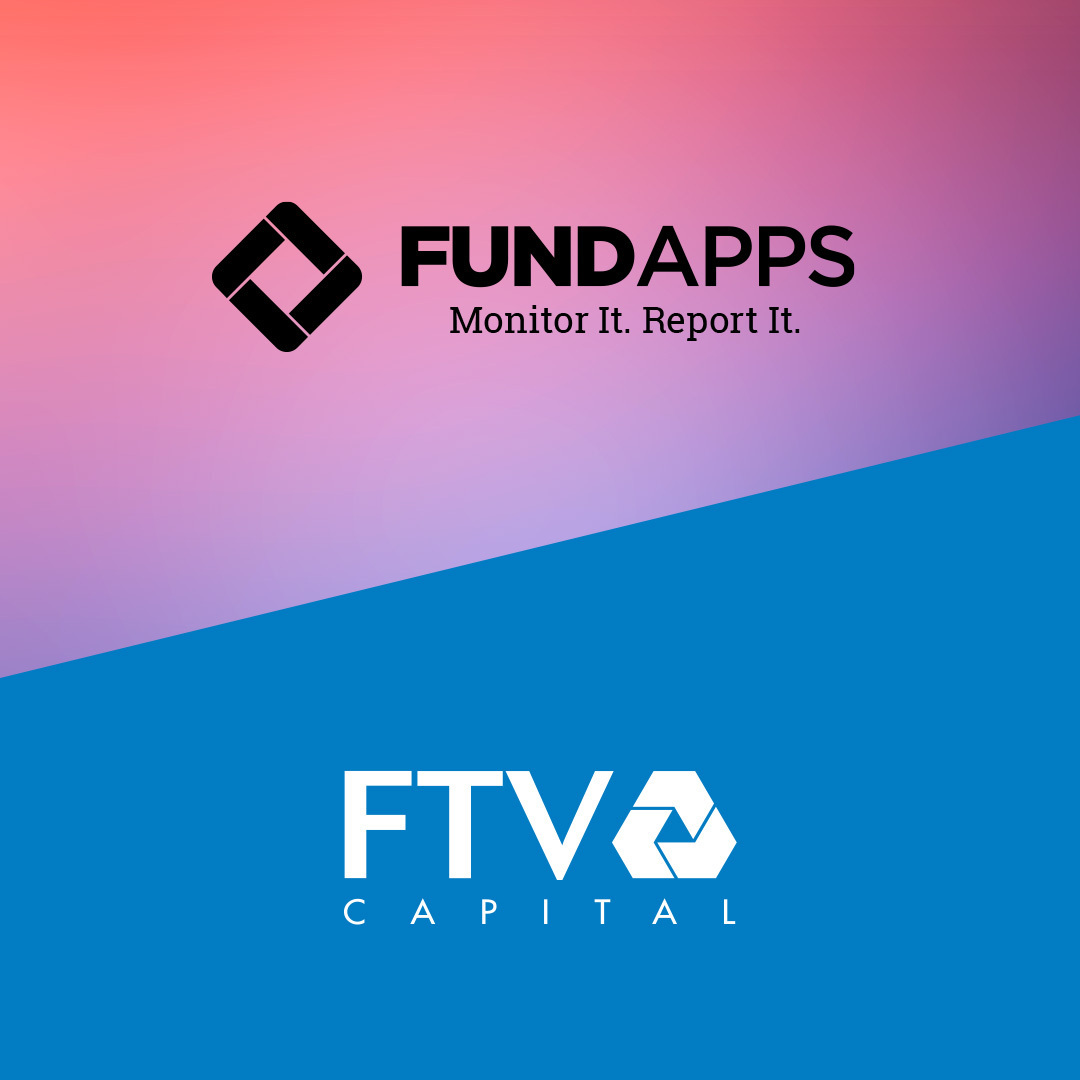 FundApps FTV press release header. FundApps announces growth equity investment from FTV Capital. FundApps
black logo behind pink and blue background. FTV white logo behind blue background