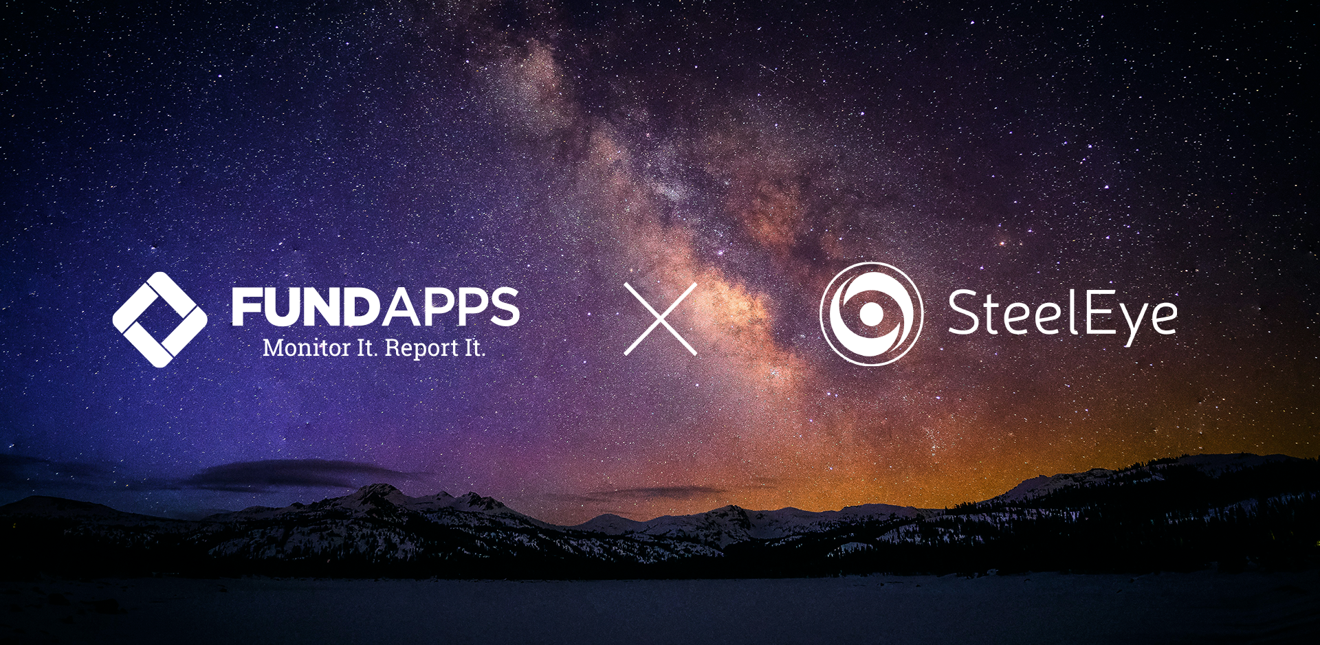 FundApps and SteelEye press release. Starry night with both FundApps and SteelEye white logo in front