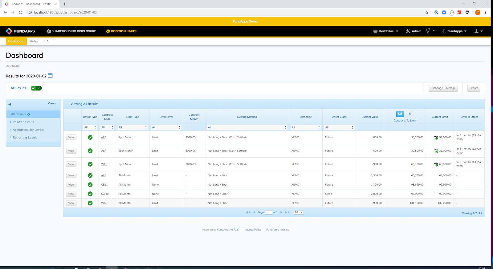 Position Limits Dashboard Screenshot