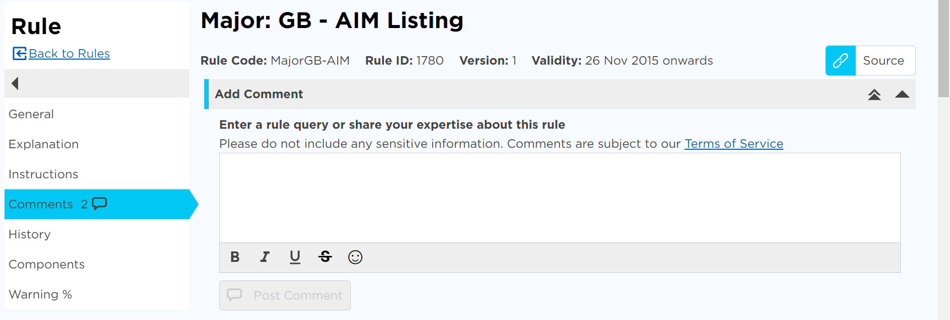 Screenshot of our Rule Commentary functionality