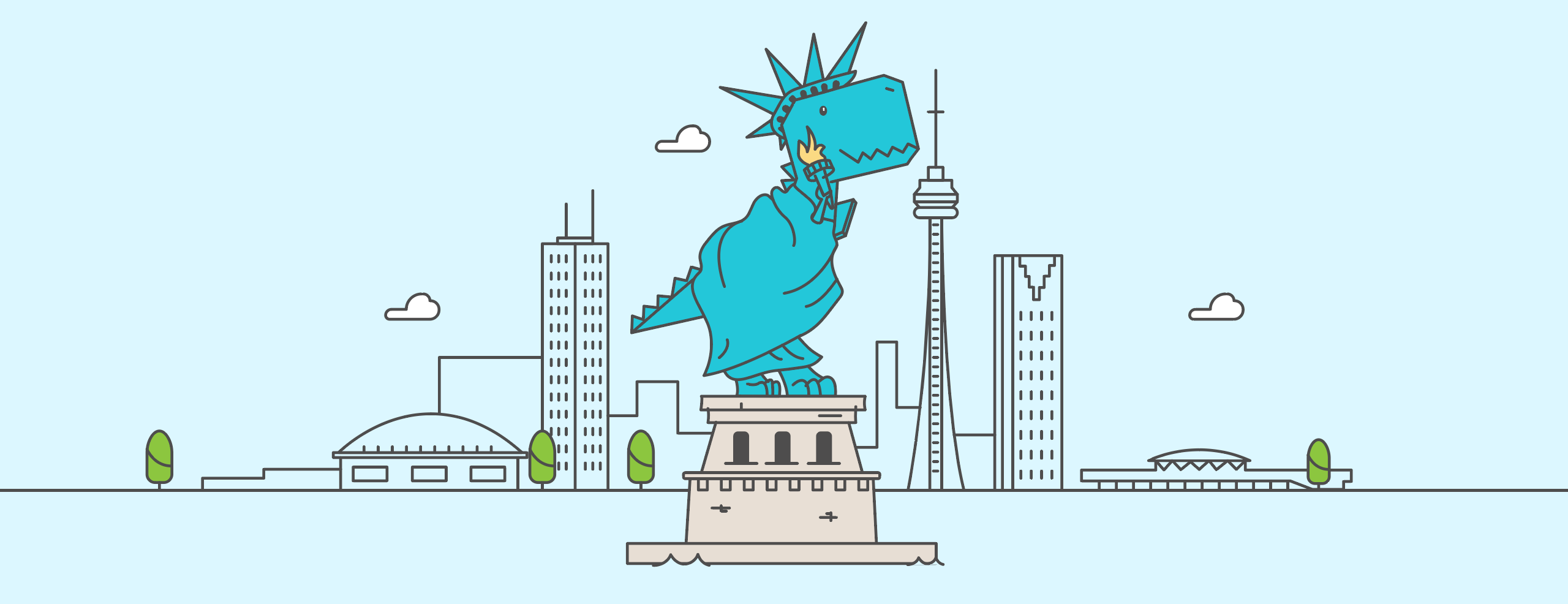 Our mascot, Trevor, with the NY skyline