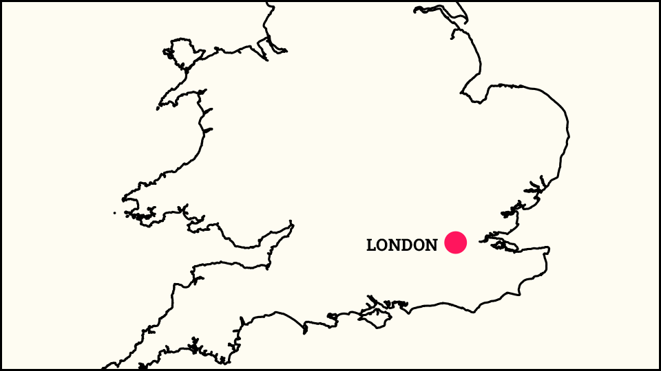 Outlined map of the UK in black with a pink marker at the location of the UK office in London. FundApps' head office is based in London. 