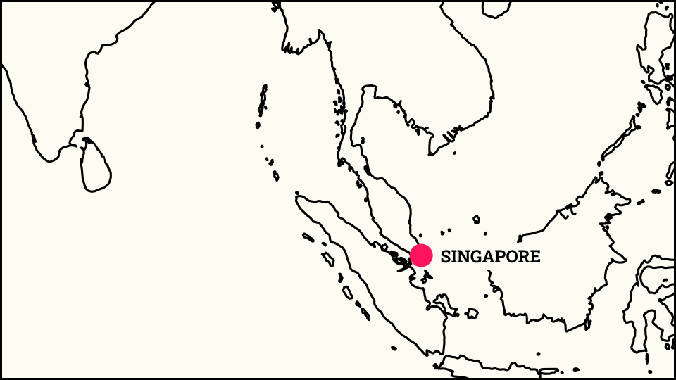Outlined map of Singapore in black with a pink marker at the location of the FundApps Singapore office. 