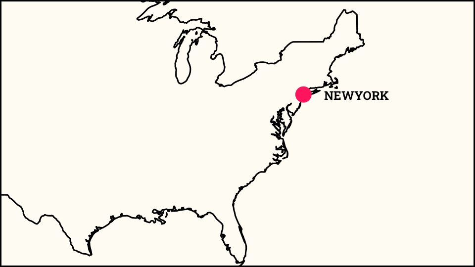 Outlined map of North East United States in black with a pink marker at the location of the  FundApps NY office. 