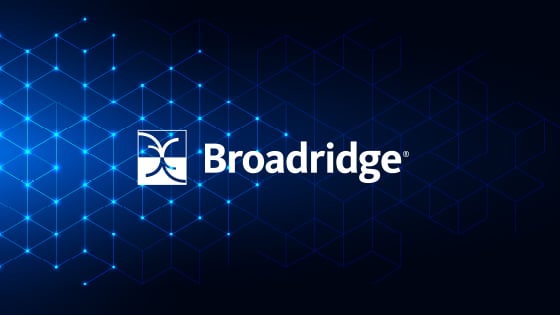 Broadridge logo in front of a dark blue dotted background. A powerful collaboration between FundApps and Broadridge so clients can seamlessly report. 