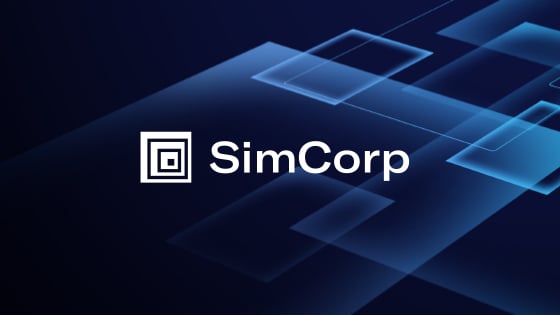 Simcorp logo in front of background with blue squares. FundApps partners with Simcorp to allow investment managers to automate processes. 