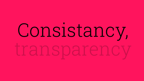 Consistency, transparency with an audit trail in front of a pink background. FundApps clearly see the importance of transparency with reporting. 