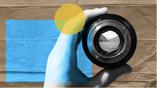 Full transparency with FundApps reporting. Blue square and yellow circle behind a hand holding a camera lens