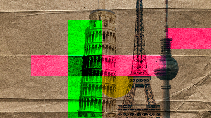 Simplify your Annex IV reporting with FundApps. Green and pink squares behind images of worldwide landmarks