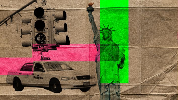Report Form PF with FundApps. Green and pink rectangles behind image of New York landmarks