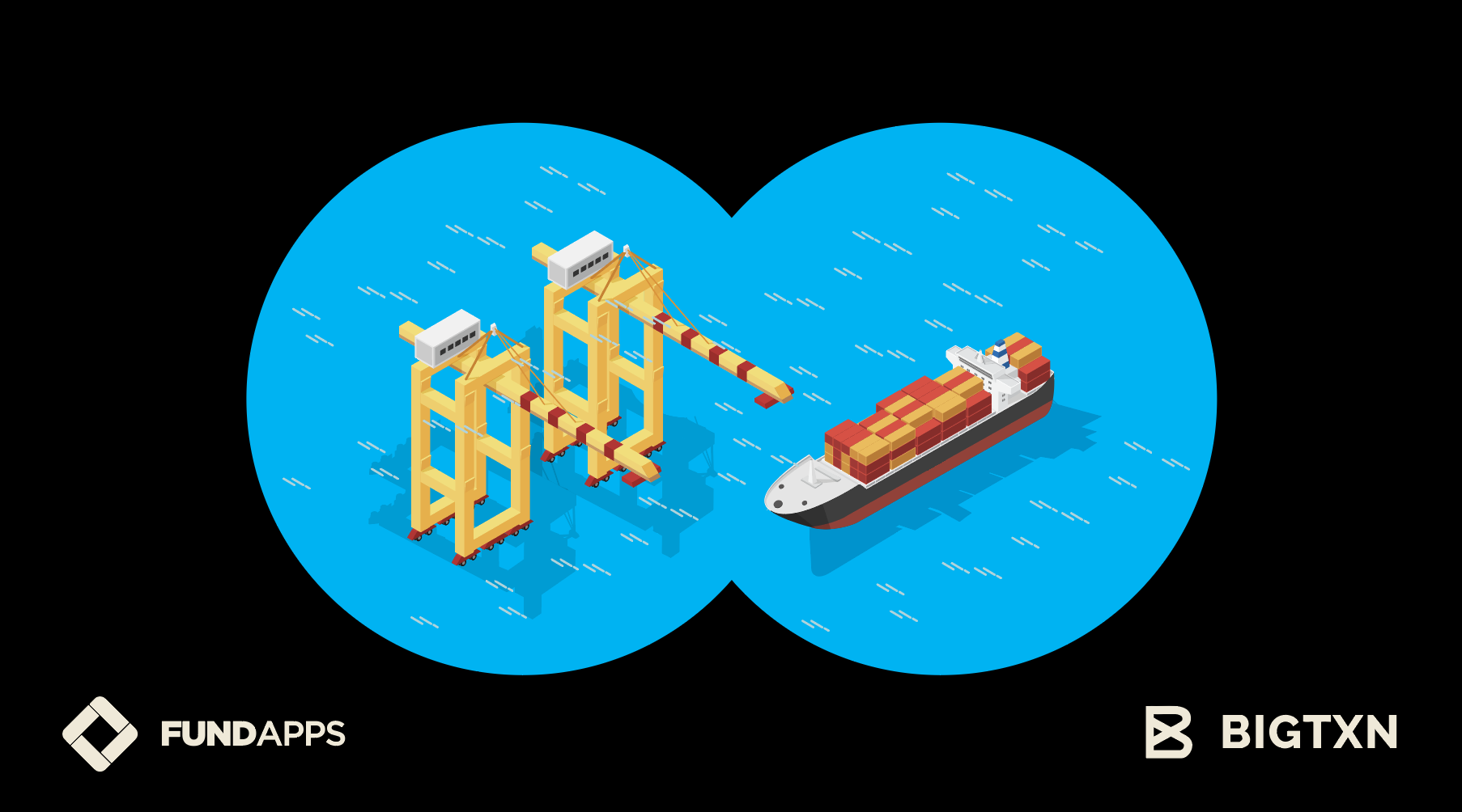 FundApps Sanctions webinar alongside partners BIGTXN. White logos of FundApps and BIGTXN. Cargo boat through binoculars