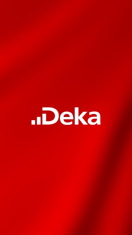 Deka logo in front of a red background.